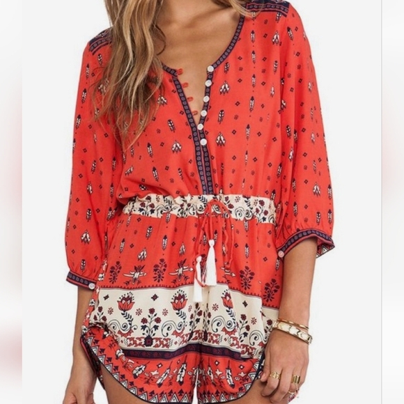 Spell Bohemian Red and Cream Jumpsuit - Picture 1 of 14